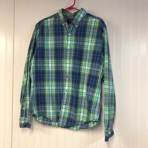 American Eagle Men's Blue and Green Plaid Long Sleeve Button Down Shirt Large